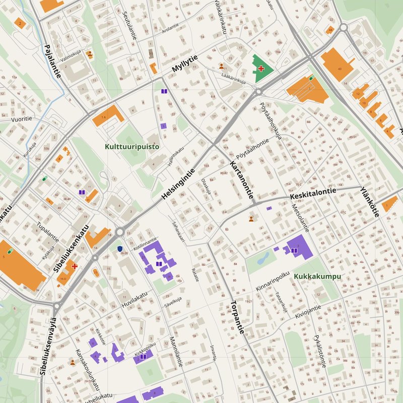 Järvenpää map with house numbers, hospitals, police and fire stations — printable PDF, Finland