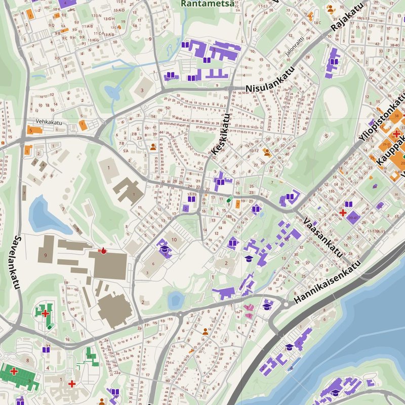 Jyväskylä map with house numbers, hospitals, police and fire stations — printable PDF, Finland