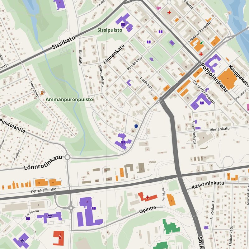 Kajaani map with house numbers, hospitals, police and fire stations — printable PDF, Finland