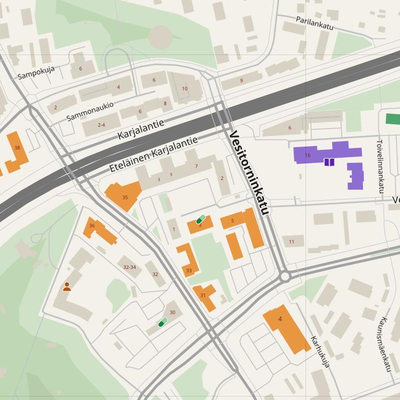 Karhula map with house numbers, hospitals, police and fire stations — printable PDF, Finland
