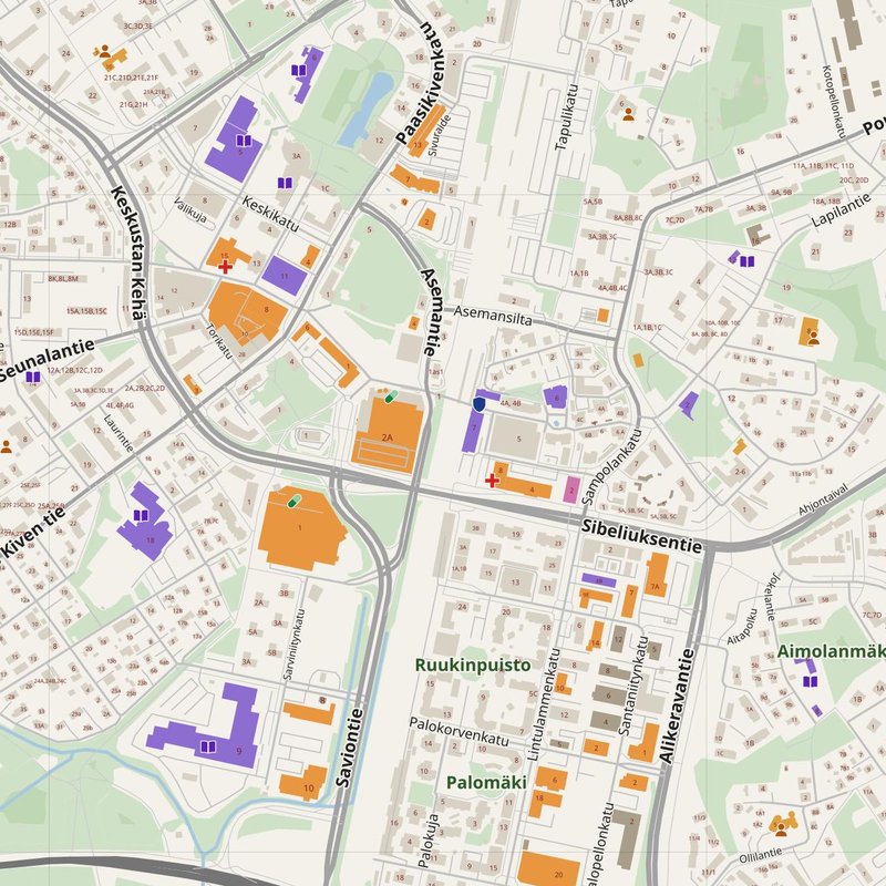 Kerava map with house numbers, hospitals, police and fire stations — printable PDF, Finland