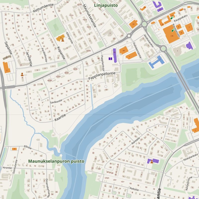 Kouvola map with house numbers, hospitals, police and fire stations — printable PDF, Finland