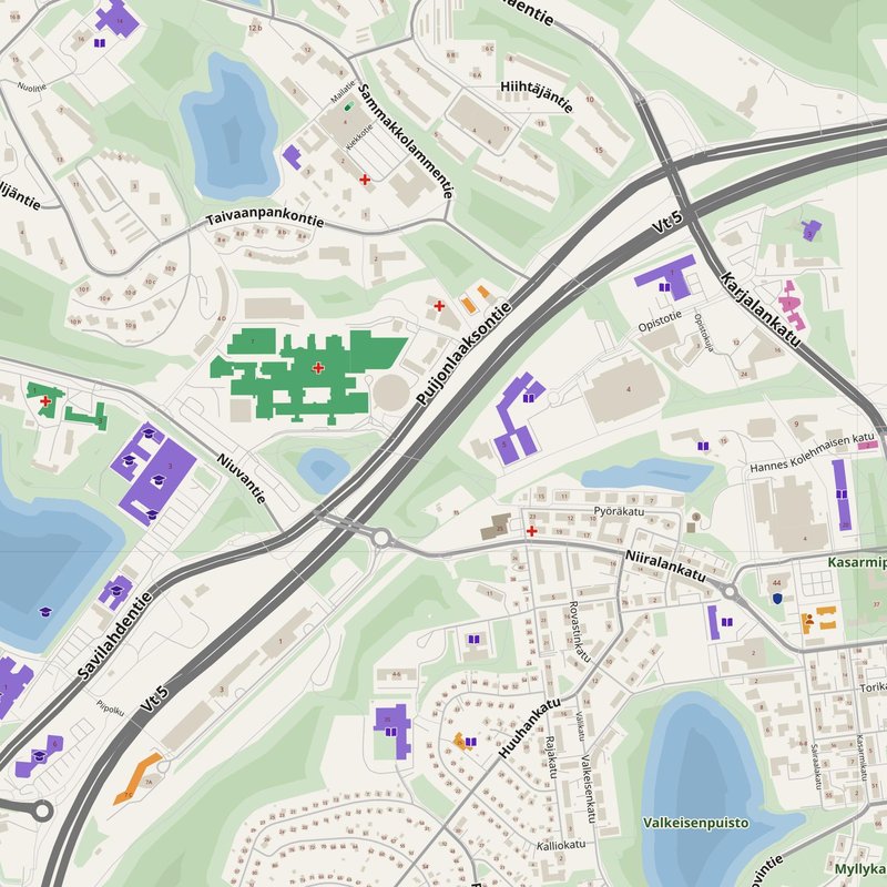 Kuopio map with house numbers, hospitals, police and fire stations — printable PDF, Finland