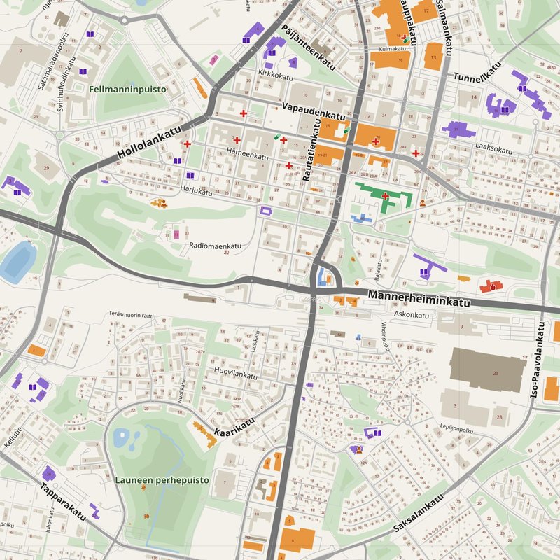 Lahti map with house numbers, hospitals, police and fire stations — printable PDF, Finland