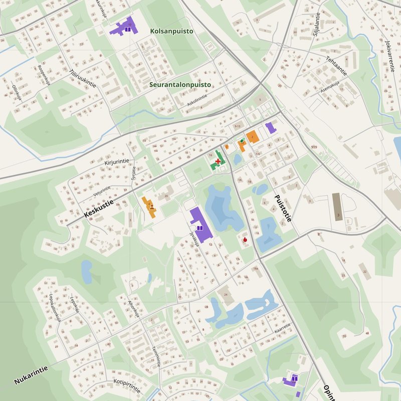 Nurmijärvi map with house numbers, hospitals, police and fire stations — printable PDF, Finland