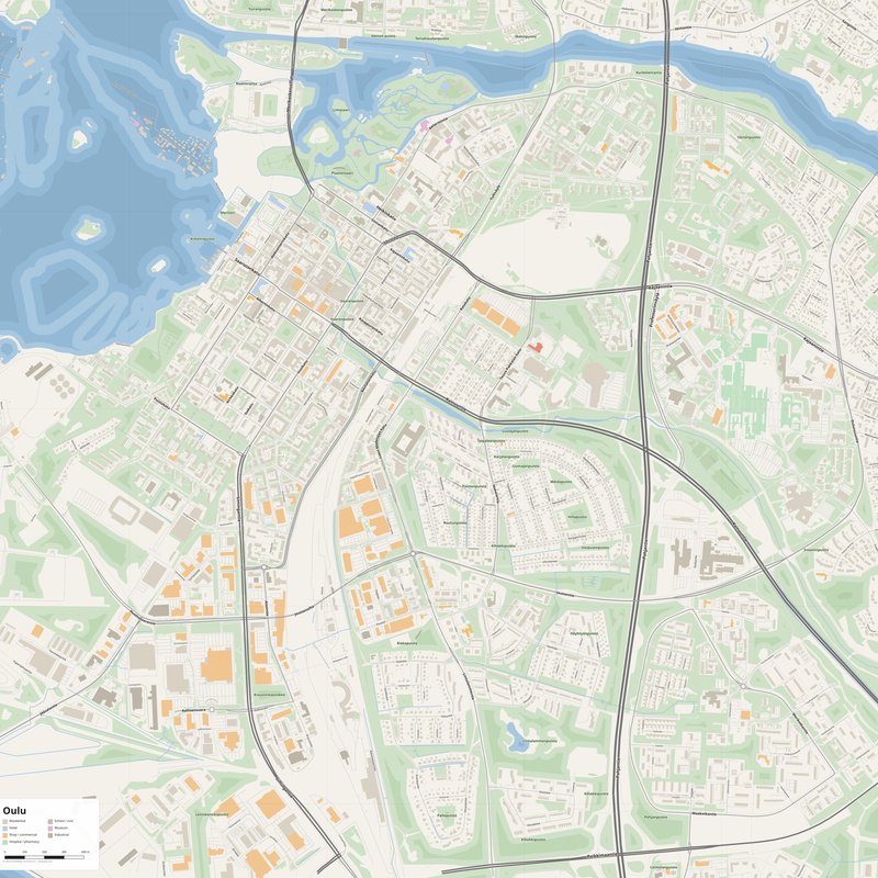 Printable street map poster of Oulu, Finland