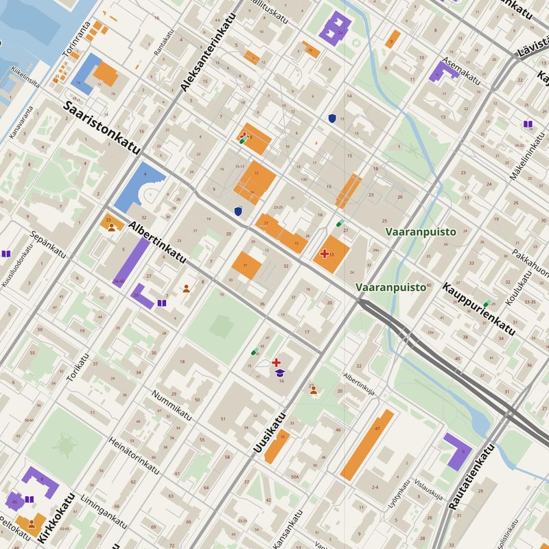 Oulu map with house numbers, hospitals, police and fire stations — printable PDF, Finland