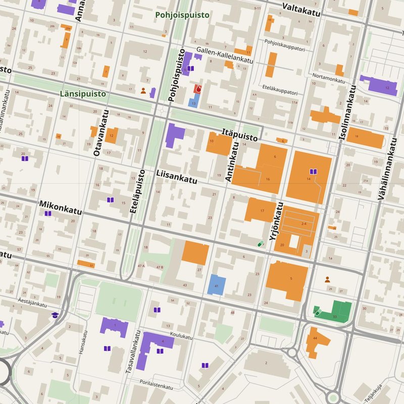 Pori map with house numbers, hospitals, police and fire stations — printable PDF, Finland