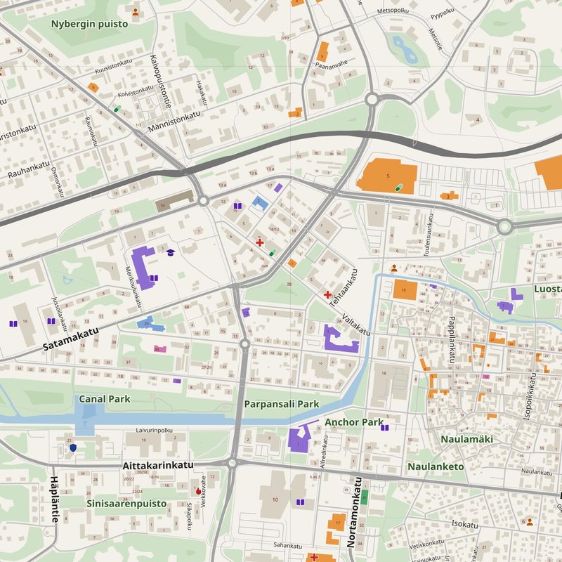 Rauma map with house numbers, hospitals, police and fire stations — printable PDF, Finland