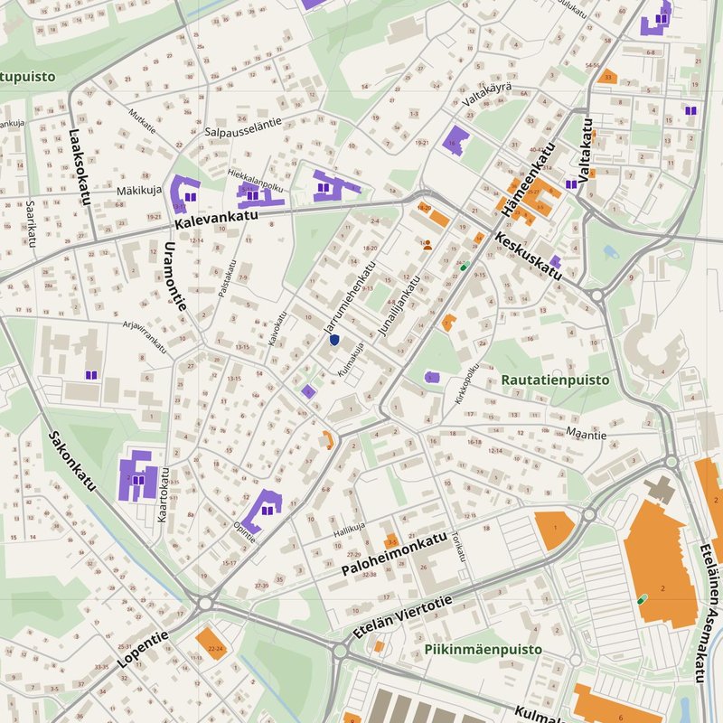 Riihimäki map with house numbers, hospitals, police and fire stations — printable PDF, Finland