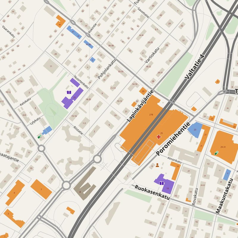 Rovaniemi map with house numbers, hospitals, police and fire stations — printable PDF, Finland