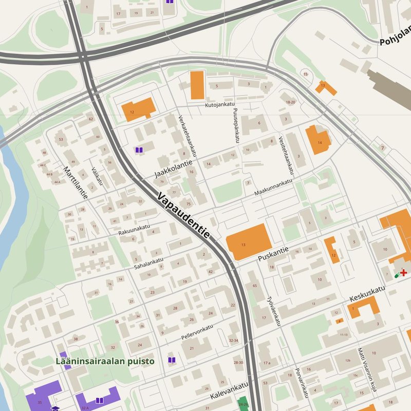 Seinäjoki map with house numbers, hospitals, police and fire stations — printable PDF, Finland