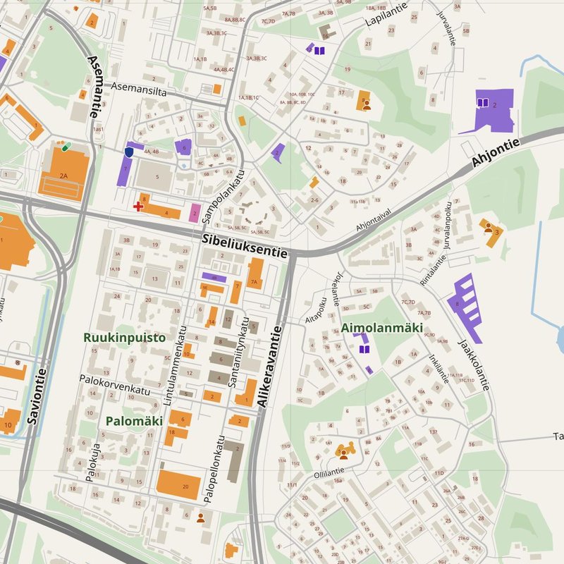 Sibbo map with house numbers, hospitals, police and fire stations — printable PDF, Finland