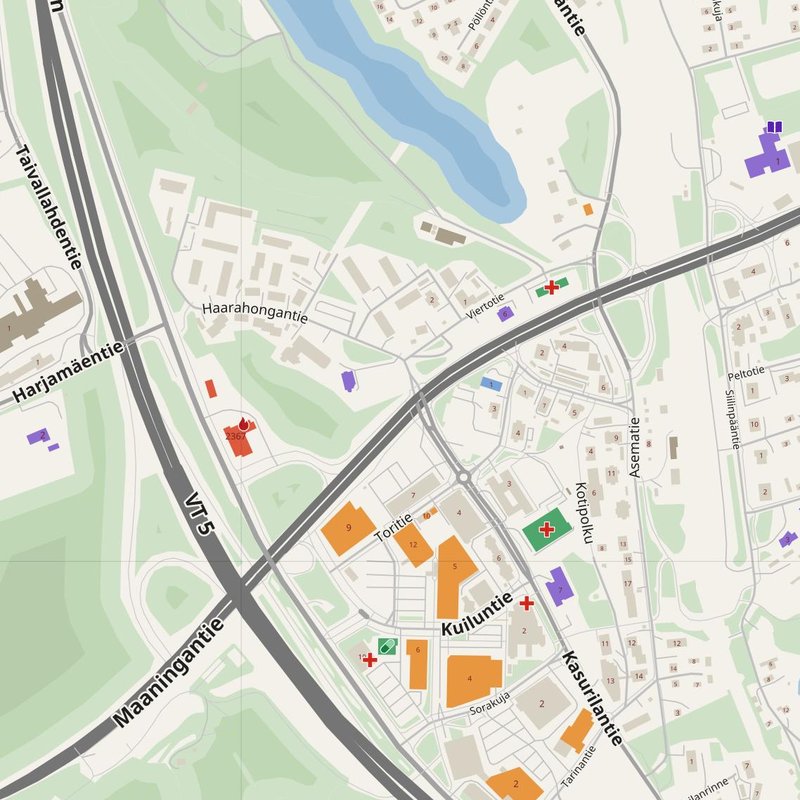 Siilinjärvi map with house numbers, hospitals, police and fire stations — printable PDF, Finland