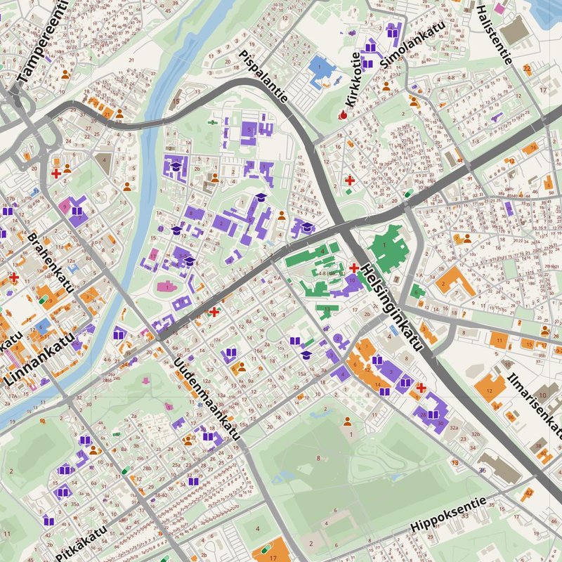 Turku map with house numbers, hospitals, police and fire stations — printable PDF, Finland