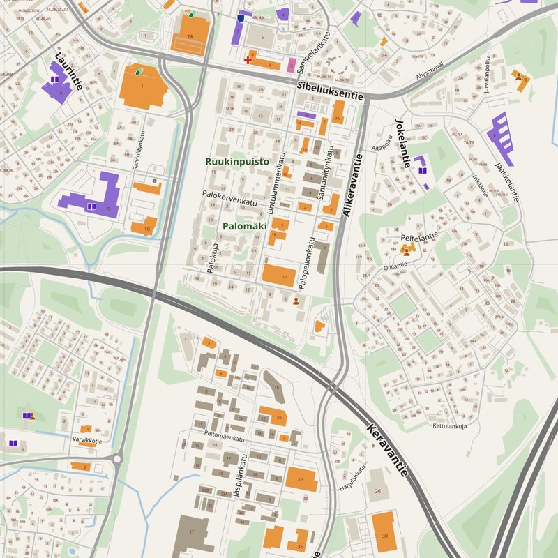 Tuusula map with house numbers, hospitals, police and fire stations — printable PDF, Finland