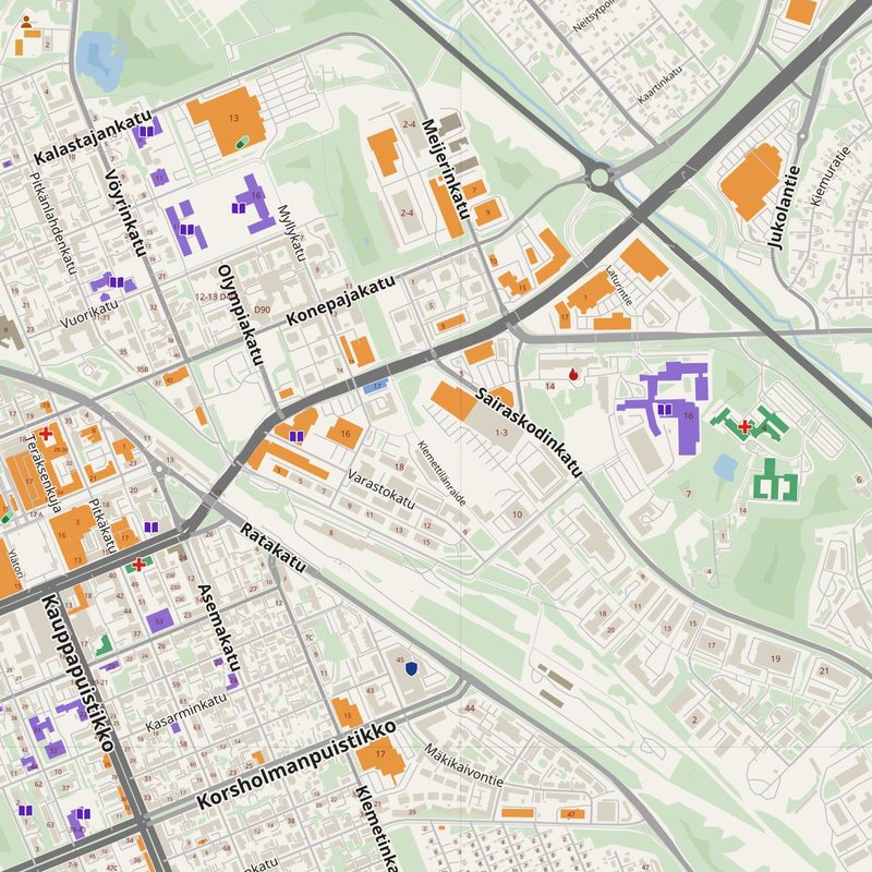 Vaasa map with house numbers, hospitals, police and fire stations — printable PDF, Finland
