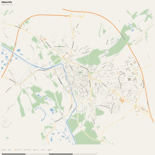 Free printable city map of Abbeville with all street names, France