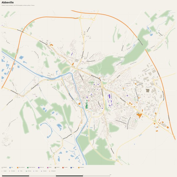 Abbeville map with house numbers, hospitals, police and fire stations — printable PDF, France