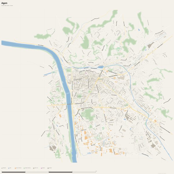 Free printable city map of Agen with all street names, France