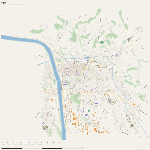 Agen map with house numbers, hospitals, police and fire stations — printable PDF, France