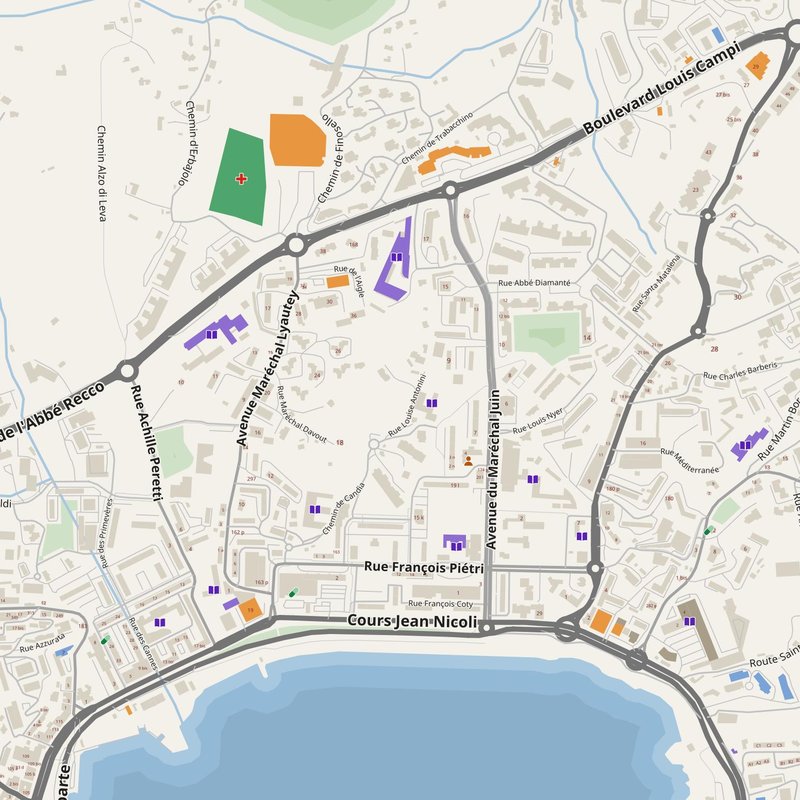 Ajaccio map with house numbers, hospitals, police and fire stations — printable PDF, France