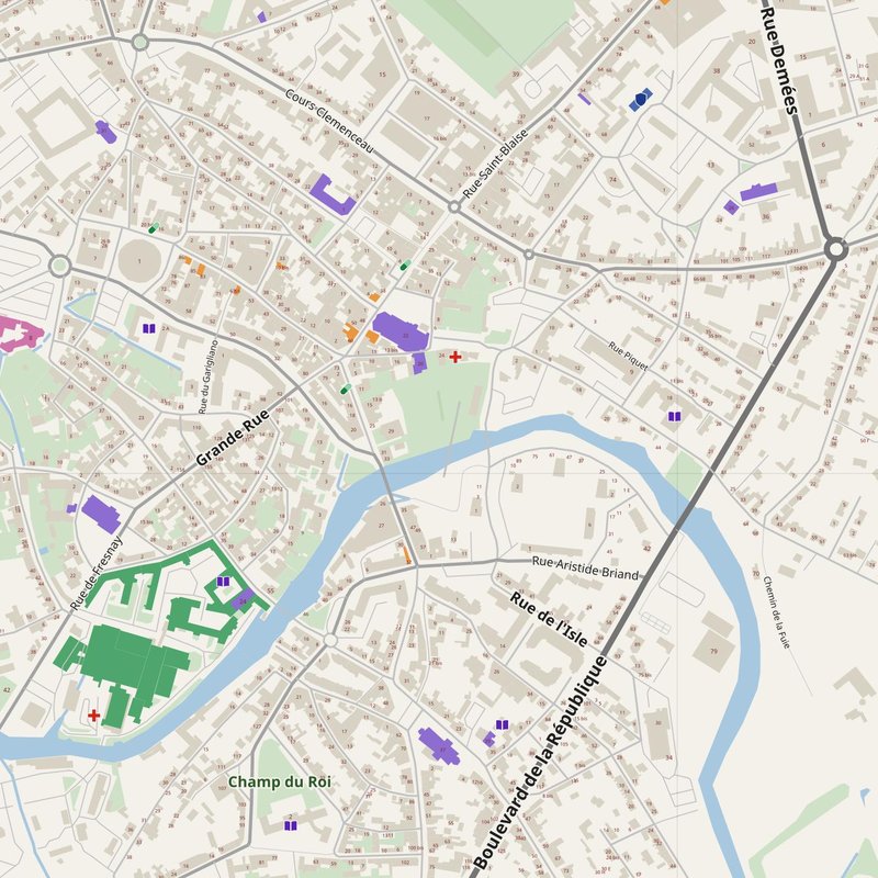 Alençon map with house numbers, hospitals, police and fire stations — printable PDF, France