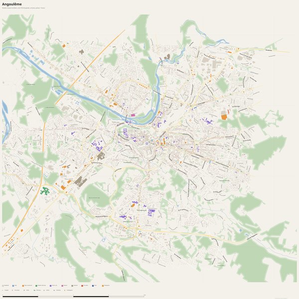 Angoulême map with house numbers, hospitals, police and fire stations — printable PDF, France