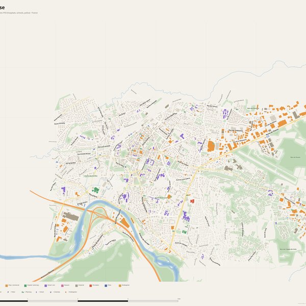 Annemasse map with house numbers, hospitals, police and fire stations — printable PDF, France