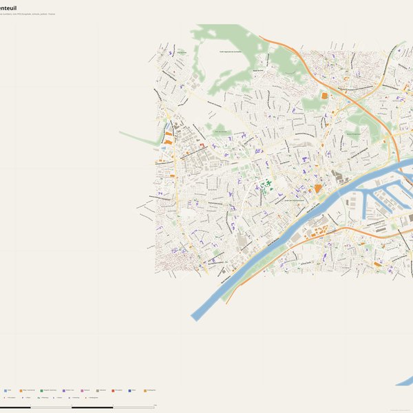 Argenteuil map with house numbers, hospitals, police and fire stations — printable PDF, France