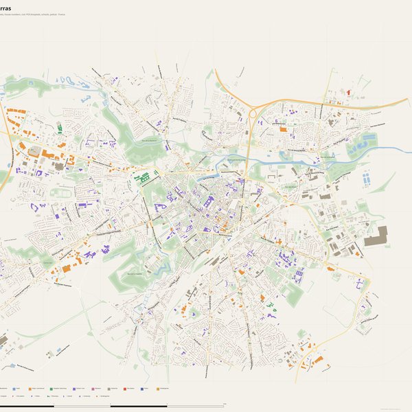 Arras map with house numbers, hospitals, police and fire stations — printable PDF, France