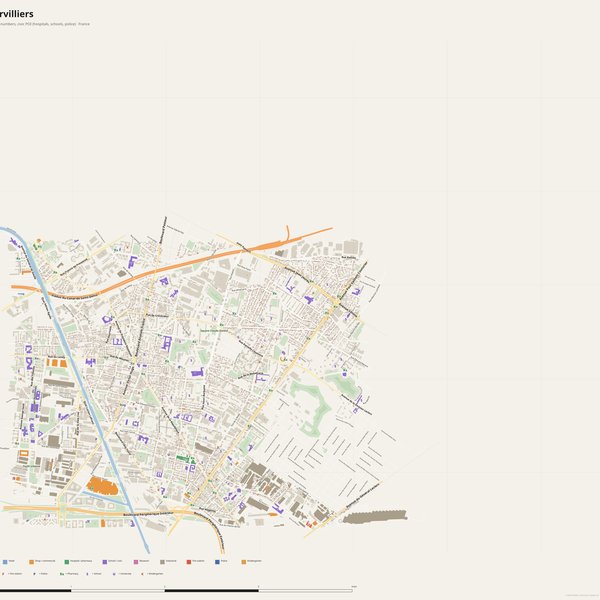 Aubervilliers map with house numbers, hospitals, police and fire stations — printable PDF, France