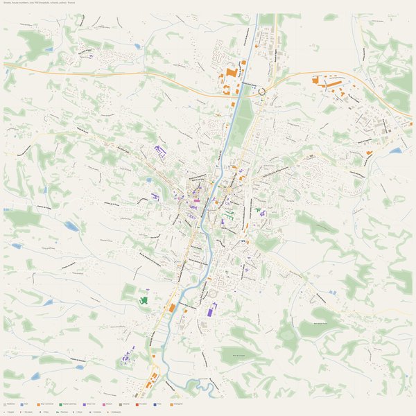 Auch map with house numbers, hospitals, police and fire stations — printable PDF, France
