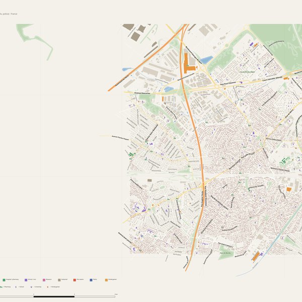 Aulnay-sous-Bois map with house numbers, hospitals, police and fire stations — printable PDF, France