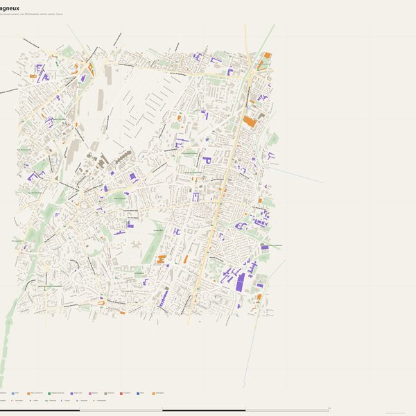 Bagneux map with house numbers, hospitals, police and fire stations — printable PDF, France