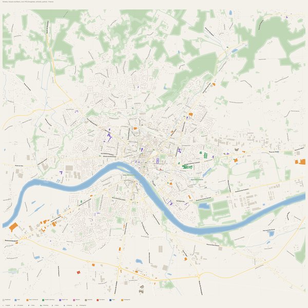 Bergerac map with house numbers, hospitals, police and fire stations — printable PDF, France
