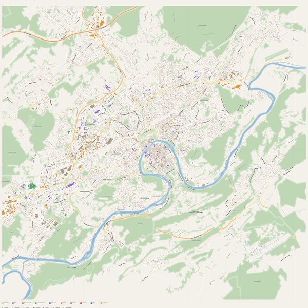 Besançon map with house numbers, hospitals, police and fire stations — printable PDF, France