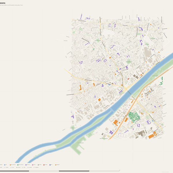 Bezons map with house numbers, hospitals, police and fire stations — printable PDF, France