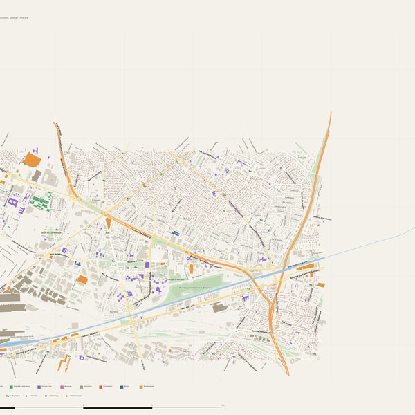 Bobigny map with house numbers, hospitals, police and fire stations — printable PDF, France