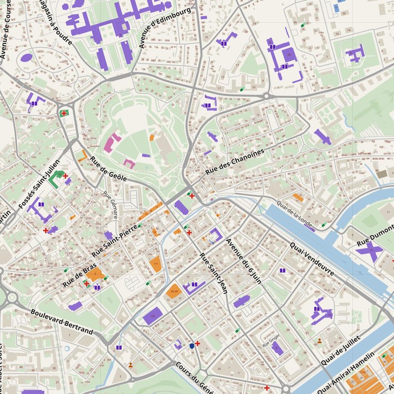 Caen map with house numbers, hospitals, police and fire stations — printable PDF, France