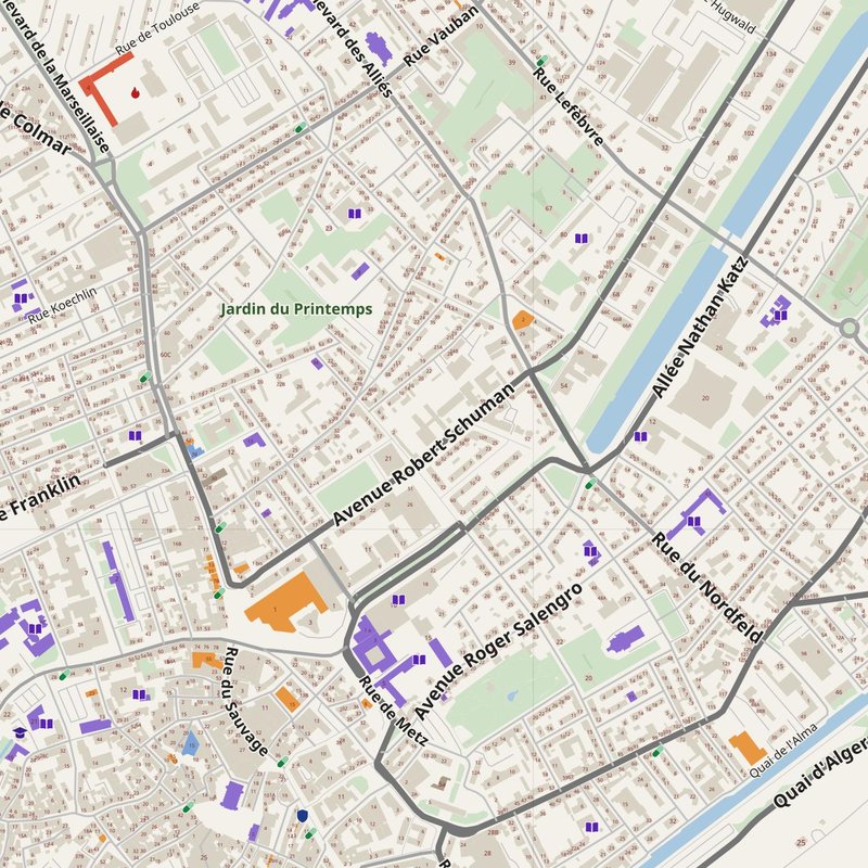 Mulhouse map with house numbers, hospitals, police and fire stations — printable PDF, France