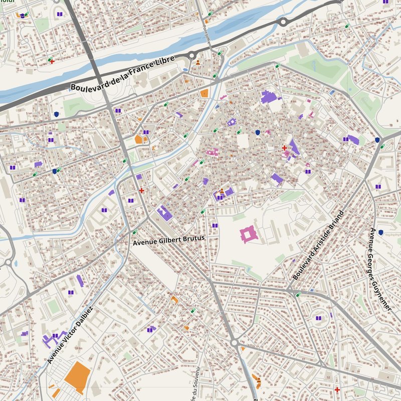 Perpignan map with house numbers, hospitals, police and fire stations — printable PDF, France
