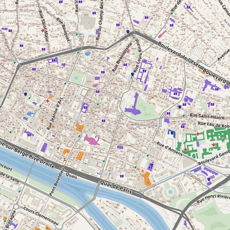 Rouen map with house numbers, hospitals, police and fire stations — printable PDF, France