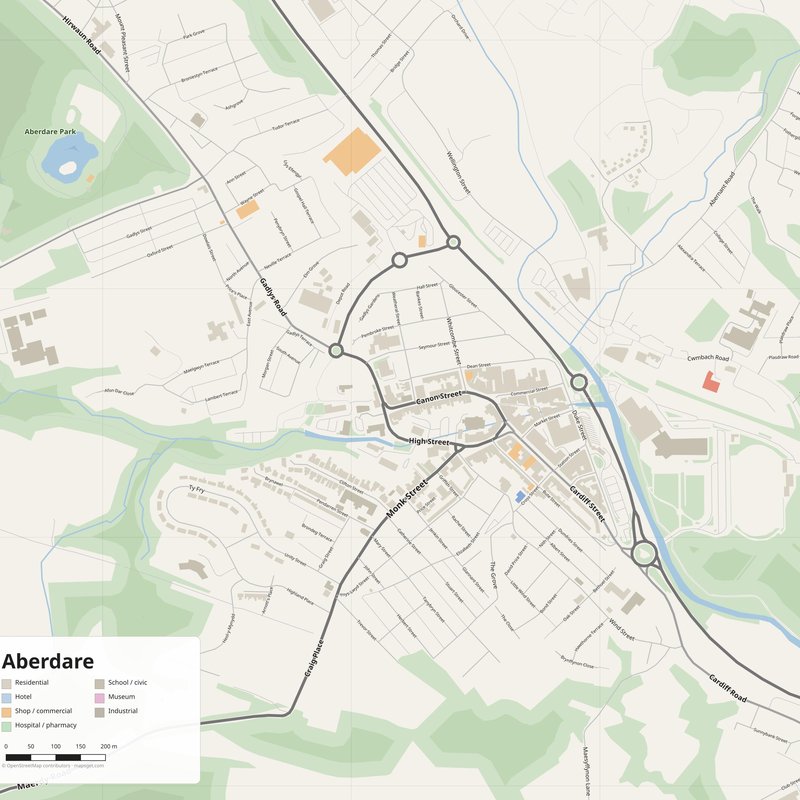 Printable street map poster of Aberdare, United Kingdom