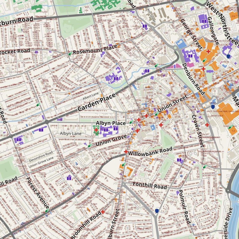 Aberdeen map with house numbers, hospitals, police and fire stations — printable PDF, United Kingdom
