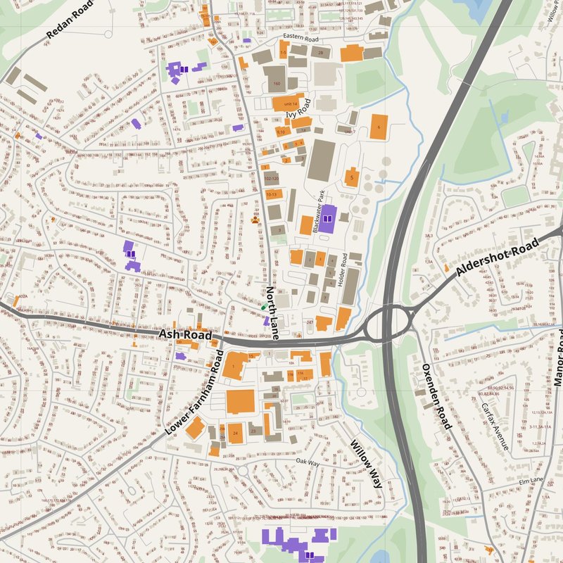 Aldershot map with house numbers, hospitals, police and fire stations — printable PDF, United Kingdom