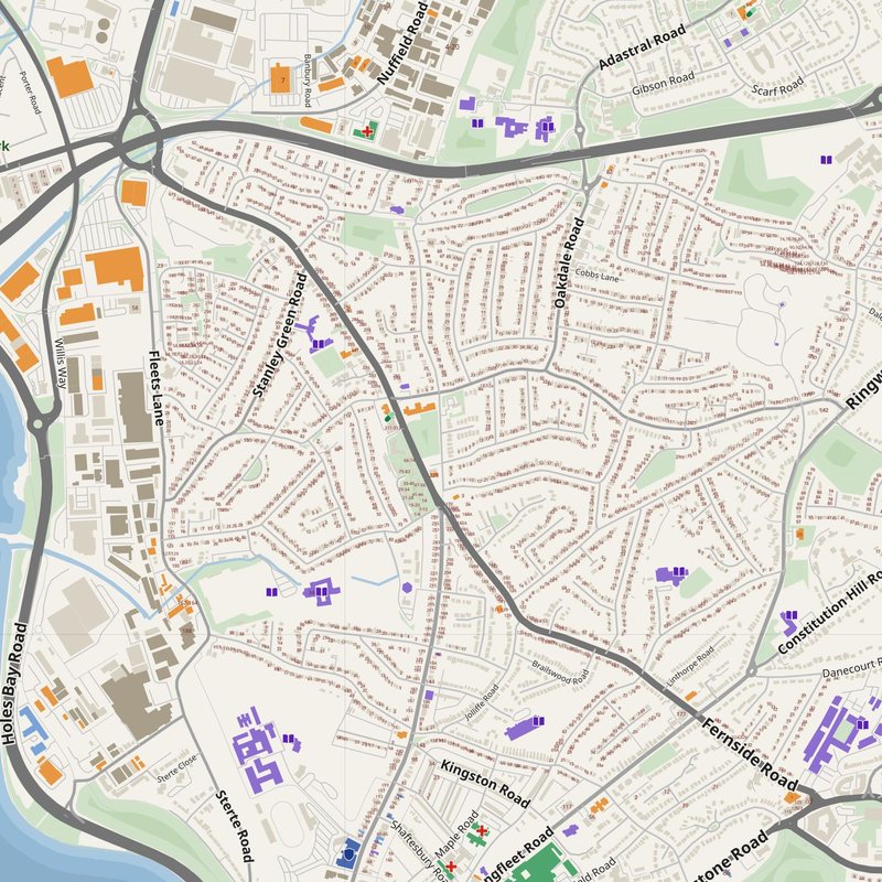 Poole map with house numbers, hospitals, police and fire stations — printable PDF, United Kingdom