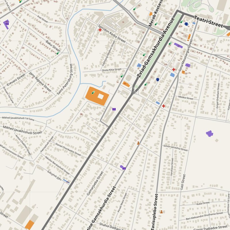 Zugdidi map with house numbers, hospitals, police and fire stations — printable PDF, Georgia