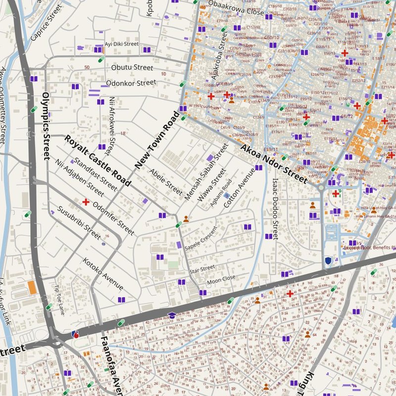 Accra map with house numbers, hospitals, police and fire stations — printable PDF, Ghana