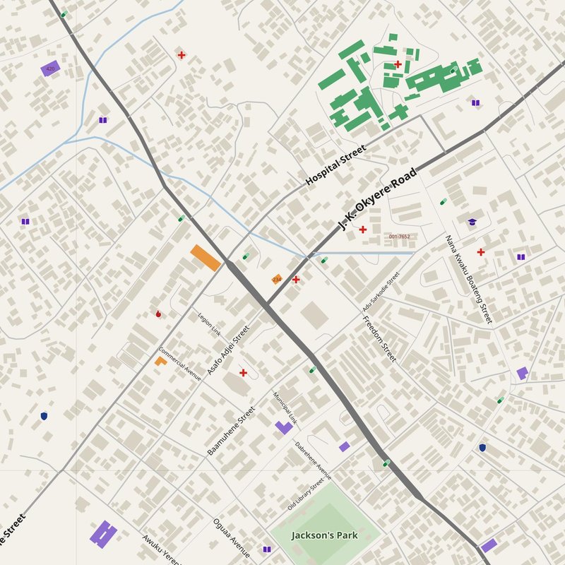 Koforidua map with house numbers, hospitals, police and fire stations — printable PDF, Ghana